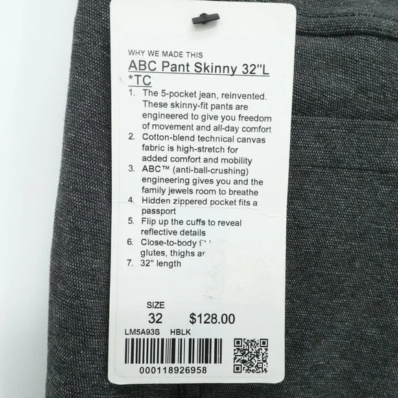 Lululemon Pants Mens 32x31 Black Heathered ABC Tech Canvas Skinny Stretch Chino